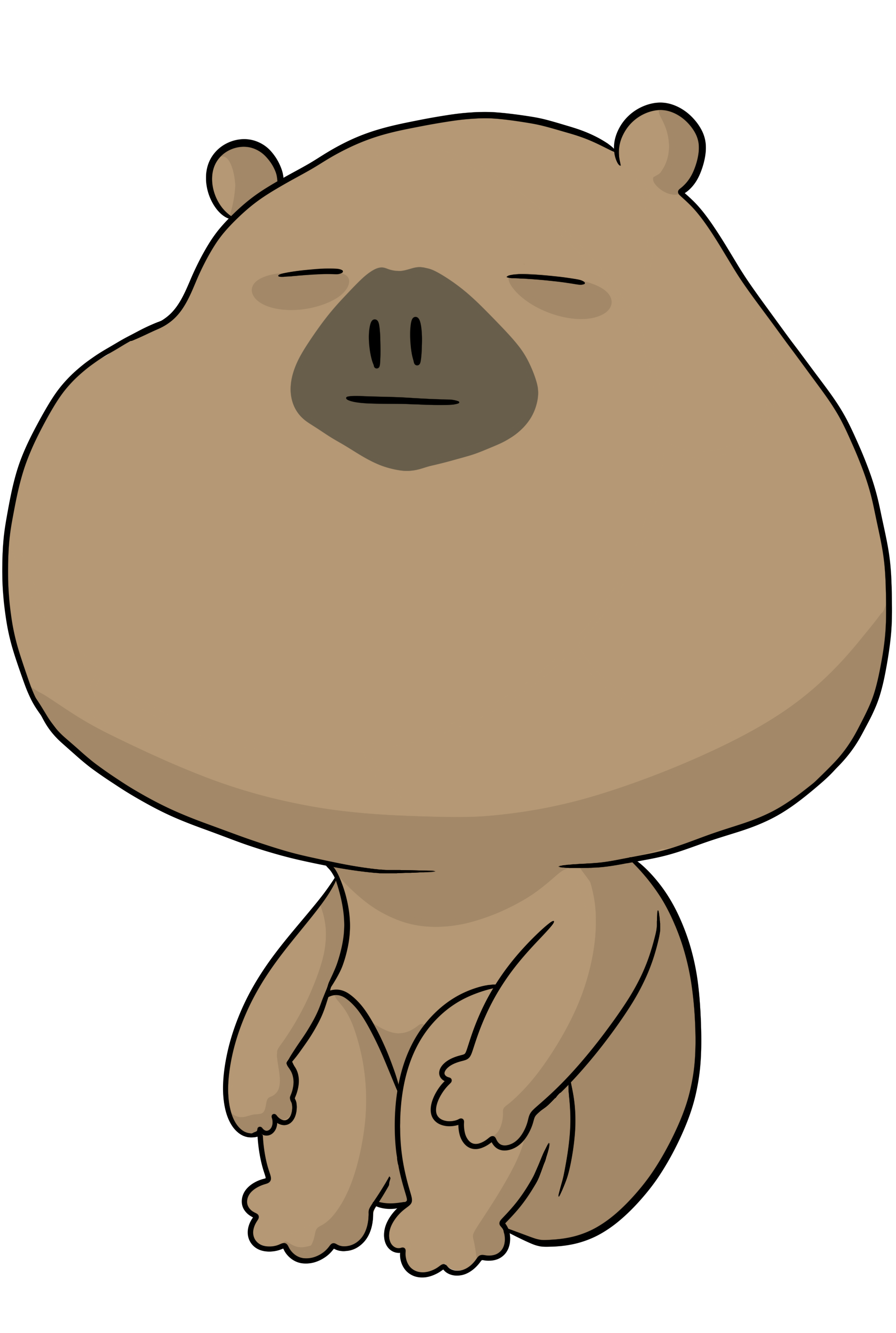 Hand-drawn illustration of Floaty the capybara sitting with his knees pulled up, staring blankly into space